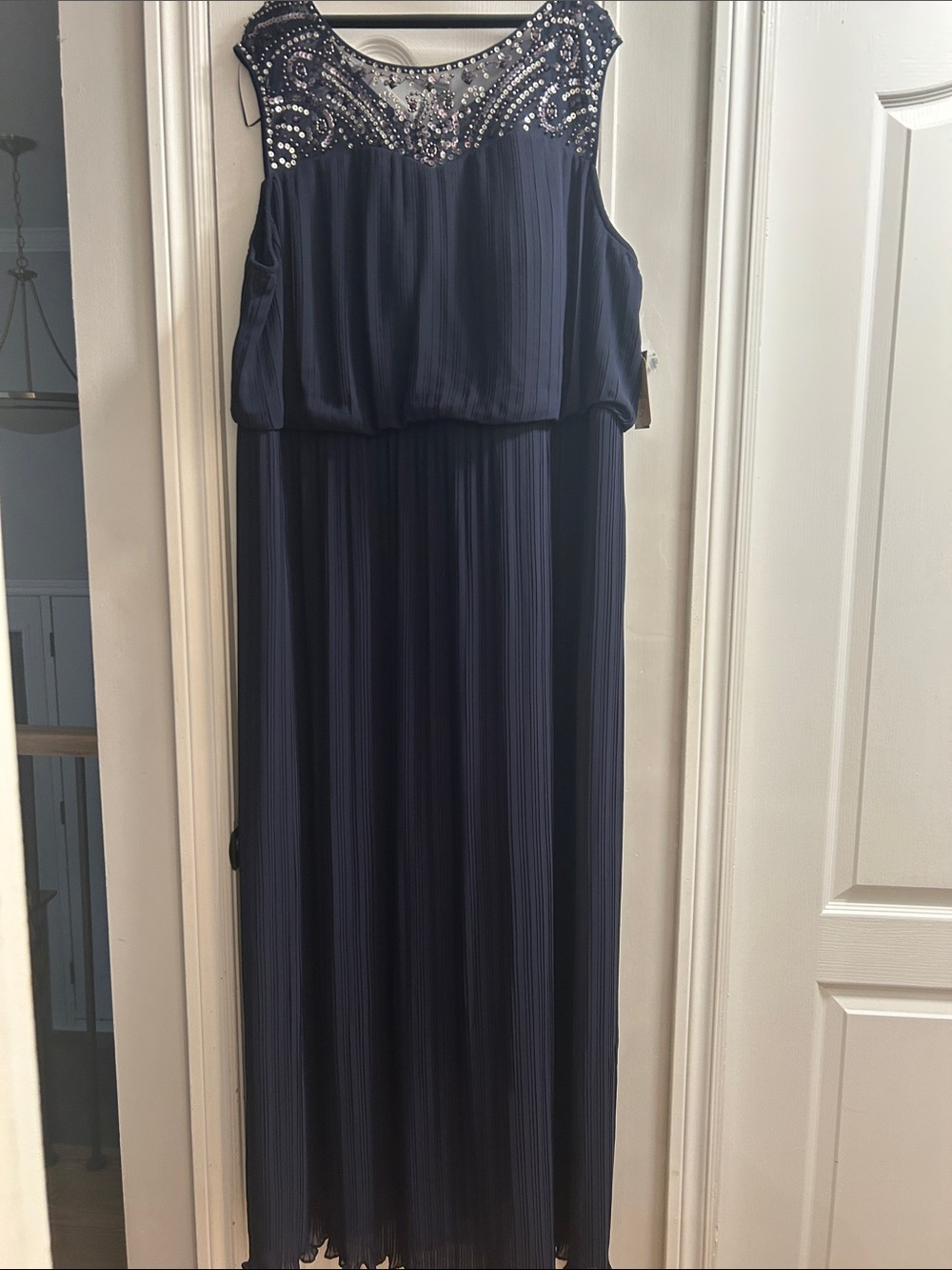 Alex Evenings Navy Embellished Pleated Maxi Dress